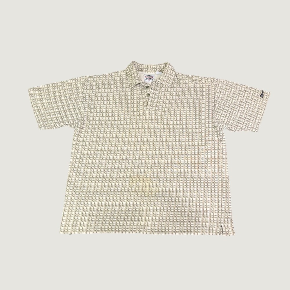 Vintage Reebok Golf Polo Shirt Mens XL Tan White Grid Pattern Short Sleeve Logo